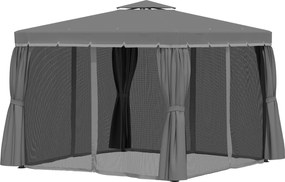 Outsunny Pavilion de grădină 2,96 x 2,96 m, cort cu dublu acoperiș, cort pentru petreceri, 4 părți laterale, plasă de țânțari, rezistent la intemperii, aluminiu/poliester, gri închis | Aosom Romania