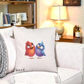 Perna Decorativa Pasarele Vesele Duo, 40x40 cm, Bej cu Franjuri, Husa Detasabila, Perna Inclusa, BEKZ®