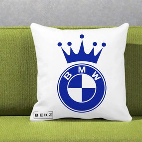 Perna Personalizata cu emblema BMW si Coroana, 40x40 cm, Alba Mata, Husa Detasabila, Perna Inclusa, BEKZ®