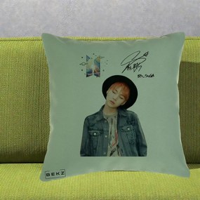 Perna Personalizata K-pop BTS Suga par Portocaliu Palarie Autograf, 40x40 cm, Verde, Husa Detasabila, Perna Inclusa, BEKZ®