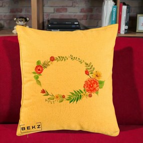 Perna Decorativa Coroana Florala Acuarela, 40x40 cm, Galben, Husa Detasabila, Perna Inclusa, BEKZ®