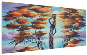 Tablou oriental cu femeie, copaci și soare (120x50 cm), în 40 de alte dimensiuni noi