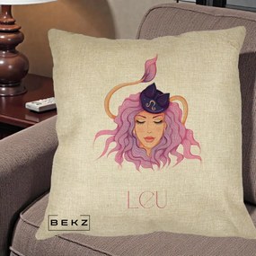 Perna Personalizata Zodie Leu, 40x40 cm, Crem, Husa Detasabila, Perna Inclusa, BEKZ®
