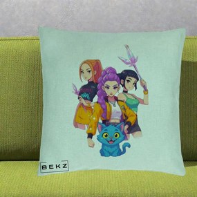 Perna Personalizata K-pop HUNTRX Trio cu Pisica si Cristale, 40x40 cm, Verde Menta, Husa Detasabila, Perna Inclusa, BEKZ®