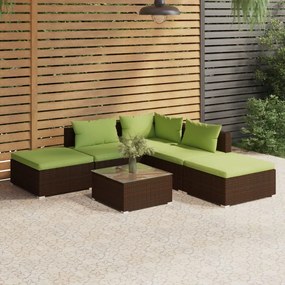 Set mobilier de gradina cu perne, 6 piese, maro, poliratan maro si verde, colt + 2x mijloc + 2x suport pentru picioare + masa, 1