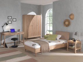 Set Complet Mobilier Camera Copii Forrest Oak, Pat 90x200 cm cu Tăblie Textilă, Dulap cu 3 Uși, Noptieră și Birou, din Lemn de Stejar, Natur – Vipack