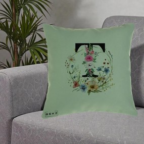 Cadou Personalizat - Perna Personalizata Monogram Litera T cu Flori Acuarela, 40x40 cm, Verde, Husa Detasabila, Perna Inclusa, BEKZ®