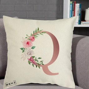 Cadou Personalizat - Perna Personalizata Monograma Rose Gold Litera Q, 40x40 cm, Ecru, Husa Detasabila, Perna Inclusa, BEKZ®