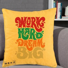 Perna Decorativa Work Hard Dream Big Retro, 40x40 cm, Galben, Husa Detasabila, Perna Inclusa, BEKZ®