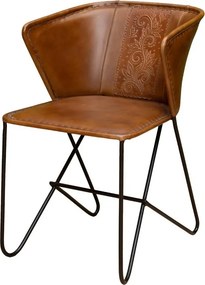 Scaun de dining din piele maro, formă asimetrică, cu motive florale gravate, picioare metalice, finisaj patinat, 75×49×61 cm, „Flower"