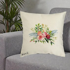 Perna Decorativa Buchet Flori Acuarela Roz-Verde, 40x40 cm, Ecru, Husa Detasabila, Perna Inclusa, BEKZ®