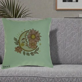 Perna Personalizata Luna Boho Chip Floral, 40x40 cm, Verde, Husa Detasabila, Perna Inclusa, BEKZ®
