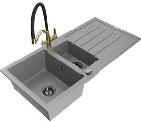 Mexen Andres Chiuvetă de granit de 1,5 compartiment cu picurător și baterie de bucătărie Duo, Gri - 6515-71-671701-57-B