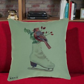 Perna Decorativa Cardinal Rosu pe Patina de Gheata, 40x40 cm, Verde, Husa Detasabila, Perna Inclusa, BEKZ®