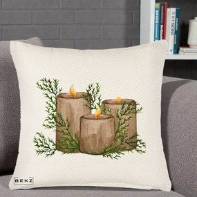 Perna Decorativa Lumanari Rustice cu Crengute Brad, 40x40 cm, Crem Reliefat, Husa Detasabila, Perna Inclusa, BEKZ®