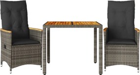 vidaXL Set bistro de grădină cu perne, 3 piese, gri, poliratan