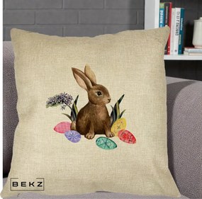 Perna Decorativa Iepuras cu Oua de Pasti Acuarela, 40x40 cm, Crem, Husa Detasabila, Perna Inclusa, BEKZ®