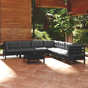 3096801 vidaXL Set mobilier de grădină cu perne 8 piese negru lemn masiv pin