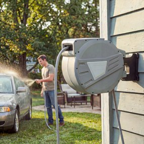 Outsunny Tambur furtun de perete 40+2 m x Ø 15mm, tambur pentru furtun de apă retractabil automat pivotant la 180°, Gri | Aosom Romania