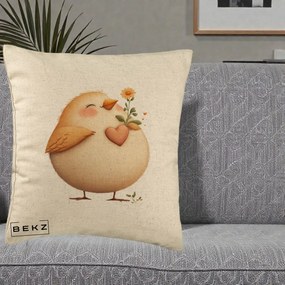 Perna Decorativa Pui cu Inima si Floarea-Soarelui, 40x40 cm, Bej, Husa Detasabila, Perna Inclusa, BEKZ®