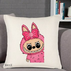 Perna Personalizata Labubu Roz cu Funda, 40x40 cm, Crem Reliefat, Husa Detasabila, Perna Inclusa, BEKZ®