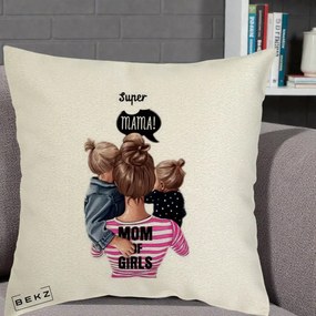 Cadou pentru Mama - Perna Personalizata Super Mama Mom of Girls, 40x40 cm, Ecru, Husa Detasabila, Perna Inclusa, BEKZ®