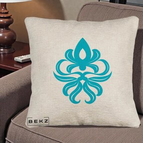 Perna Decorativa Ornament Turcoaz Fleur de Lis, 40x40 cm, Bej Canapea, Husa Detasabila, Perna Inclusa, BEKZ®