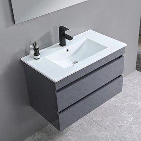 Mobilier de baie Cube, chiuvetă ceramică 80 cm, oglindă cu 2 sertare, 60x80 cm, gri antracit