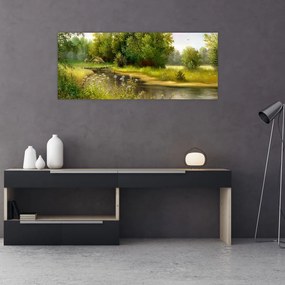 Tablou - Râu lângă pădure, pictură în ulei (120x50 cm)