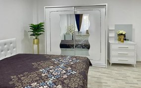 Dormitor Pirlanta, culoare alb, cu pat tapitat 160 x 200 cm, dulap cu oglinda 200 cm, comoda si 2 noptiere