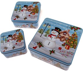 Set de 3 cutii de tablă pătrate Om de zăpadă