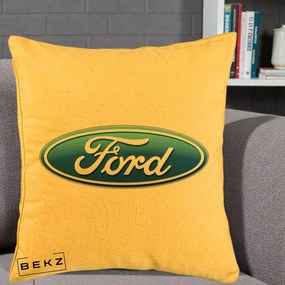 Perna Personalizata cu emblema Ford, 40x40 cm, Galben, Husa Detasabila, Perna Inclusa, BEKZ®