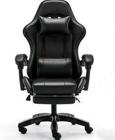 Scaun gaming, Masaj în perna lombară, Rabatabil 90-145°, Suport picioare, piele PU, Negru