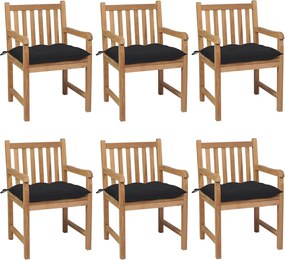 vidaXL Scaune de grădină cu perne negre, 6 buc., lemn masiv de tec