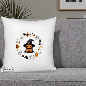 Perna Decorativa Halloween Dovleac Vrajitor Boo cu Simboluri, 40x40 cm, Alb Pufos, Husa Detasabila, Perna Inclusa, BEKZ®