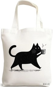 Sacosa de Panza pentru Cumparaturi, Geanta Tote, model Caffeine Cat 38 x 34.5 cm, Alba, BEKZ®