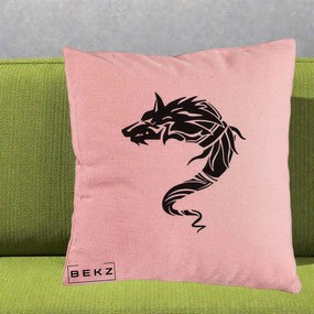 Perna Decorativa Lup Tribal Alb-Negru, 40x40 cm, Roz, Husa Detasabila, Perna Inclusa, BEKZ®