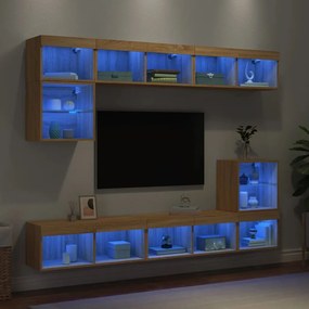 vidaXL Unități de perete TV cu LED-uri, 8 piese, stejar sonoma, lemn