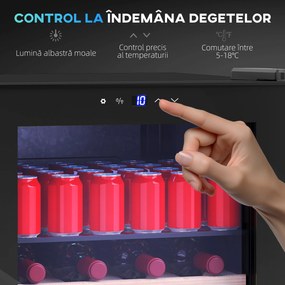 HOMCOM Vitrină Frigorifică pentru Vinuri de 63L cu Rafturi Reglabile pentru 16 Sticle și 25 Doze, Vitrină pentru Vinuri din Oțel, Lemn și Sticlă Temperată, 43x45x74 cm, Negru | Aosom Romania