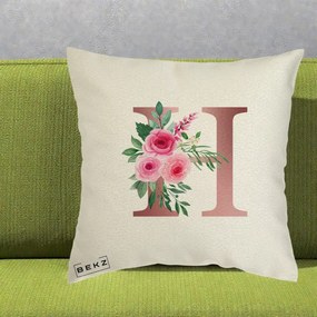 Cadou Personalizat - Perna Personalizata Monograma Rose Gold Litera H, 40x40 cm, Ecru, Husa Detasabila, Perna Inclusa, BEKZ®