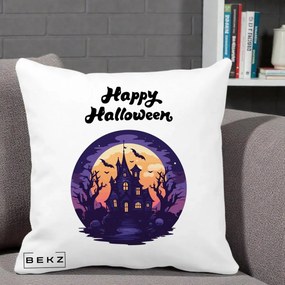 Perna Decorativa Happy Halloween Casa Bantuita Violet, 40x40 cm, Alba Mata, Husa Detasabila, Perna Inclusa, BEKZ®