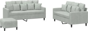 vidaXL Set de canapele cu perne, 3 piese, gri deschis, catifea