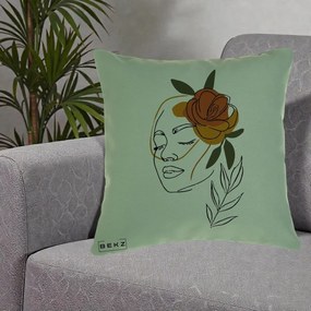 Perna Decorativa Portret Feminin Trandafir Ruginiu, 40x40 cm, Verde, Husa Detasabila, Perna Inclusa, BEKZ®