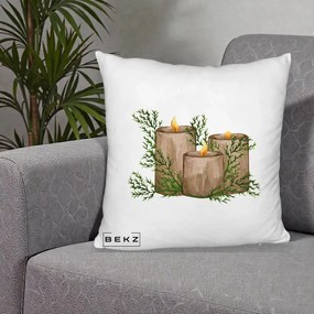 Perna Decorativa Lumanari Rustice cu Crengute Brad, 40x40 cm, Alb Pufos, Husa Detasabila, Perna Inclusa, BEKZ®