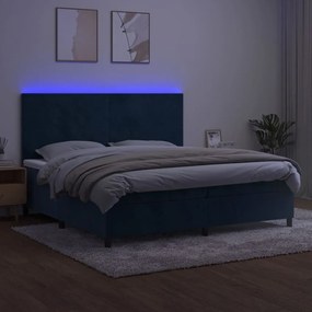 Pat cu arcuri, saltea si LED, bleumarin, 200x200 cm, catifea Albastru inchis, 200 x 200 cm, Design simplu