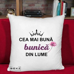 Cadou pentru Bunica - Perna Personalizata Cea Mai Buna Bunica Din Lume Coroana Mov Floare Roz, 40x40 cm, Alb Pufos, Husa Detasabila, Perna Inclusa, BEKZ®