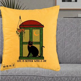 Perna Personalizata Life is Better with a Cat Geam, 40x40 cm, Galben, Husa Detasabila, Perna Inclusa, BEKZ®