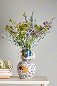 Vază din ceramică albastră cu decor pasăre și model floral pictate manual, cu două toarte laterale, 16,5x23,5 cm, "Hezha"