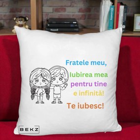 Cadou pentru Frate - Perna Personalizata Fratele Meu Te Iubesc Copii Anime Colorat, 40x40 cm, Alb Pufos, Husa Detasabila, Perna Inclusa, BEKZ®