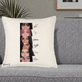 Perna Personalizata K-pop KATSEYE Semnaturi fara Foto, 40x40 cm, Crem Reliefat, Husa Detasabila, Perna Inclusa, BEKZ®